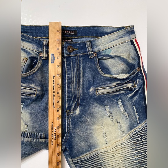 M Society Distressed Blue Tuxedo Side Stripe urban street Jeans Shorts 34 - Picture 4 of 9